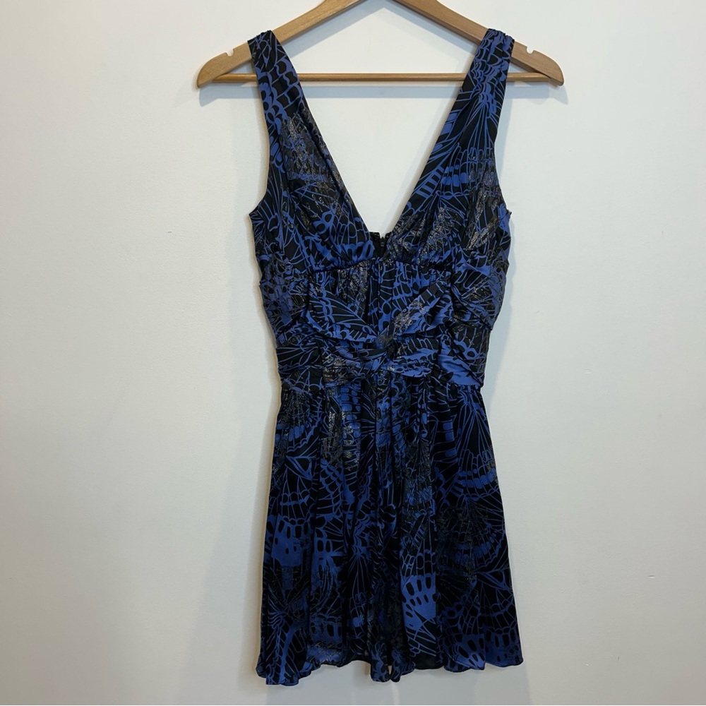 Marciano Plunge Neck Back Silk Butterfly Mini Dress Blue Black